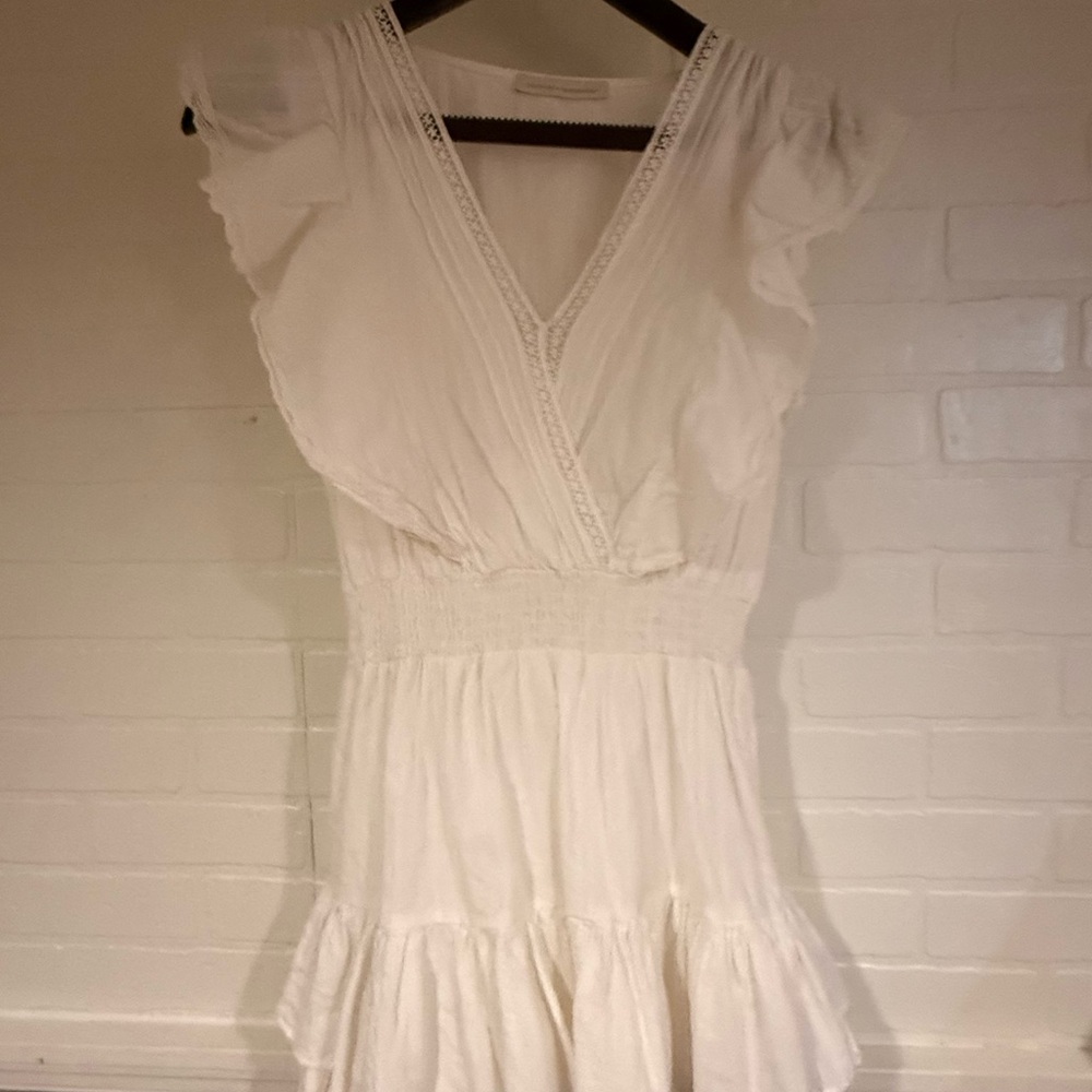 White V-Neck Smocked Waist Ruffle Mini Dress